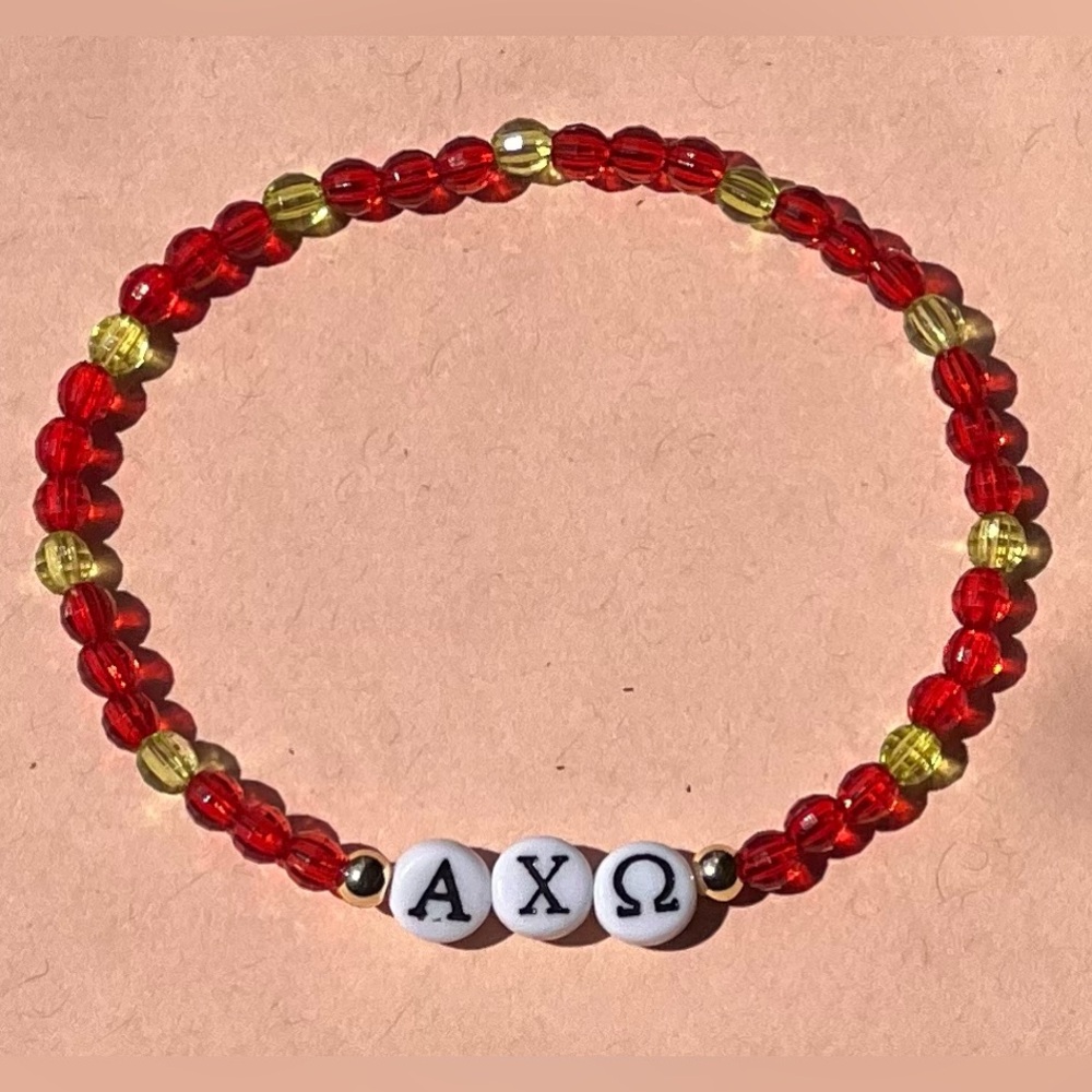 New Handmade Alpha Chi Omega AXO Sorority Glass Bead Bracelet Greek Letters 7”